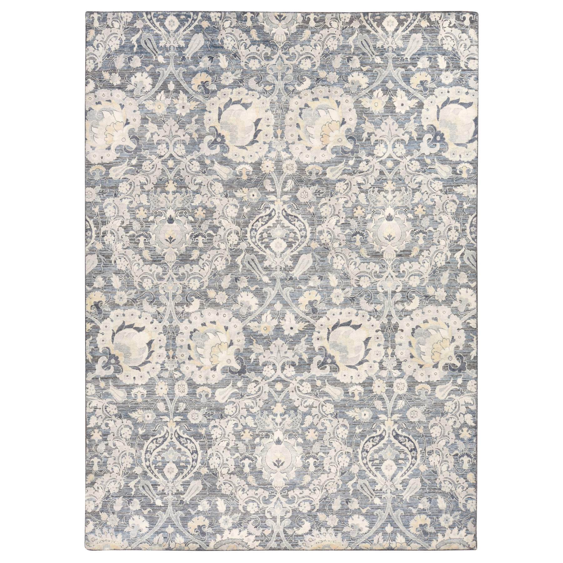 8'10"x12'2" Ash Gray, Tulip and Large Blossom Design, Pure Silk with Textured Wool, Hand Knotted, Oriental Rug 